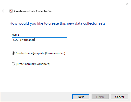 Screen shot of creating new data collector set